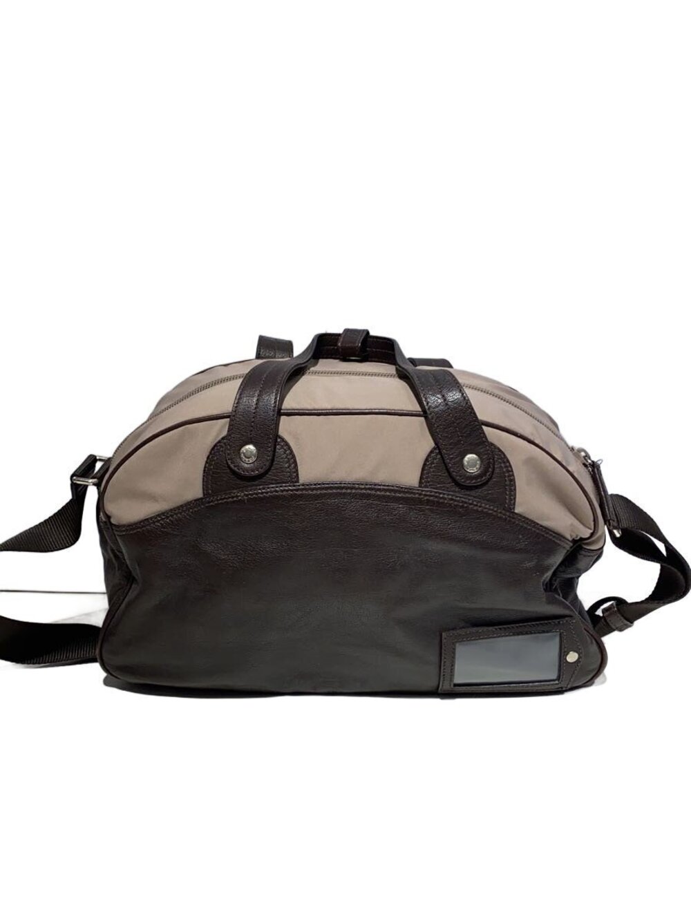 Prada travel bowling duffel bag taupe beige body brown leather